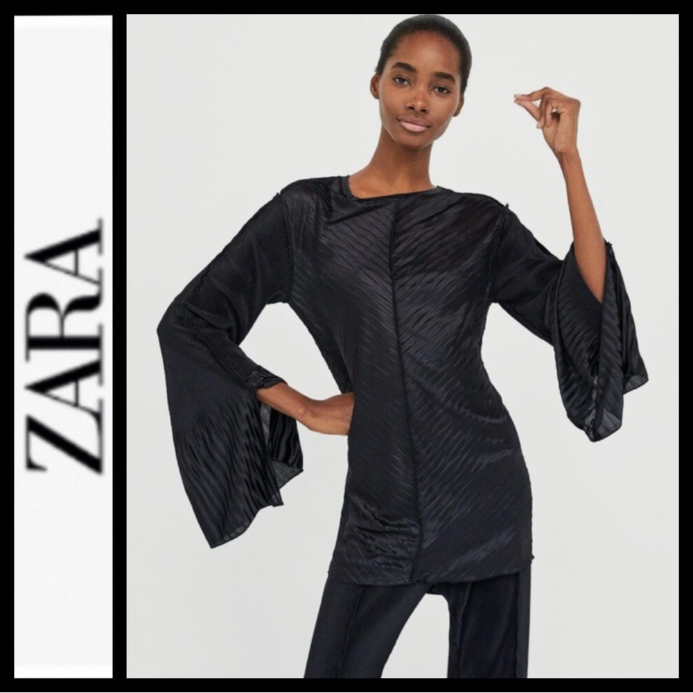 NWOT Zara Black Pleated Bell Sleeve Top